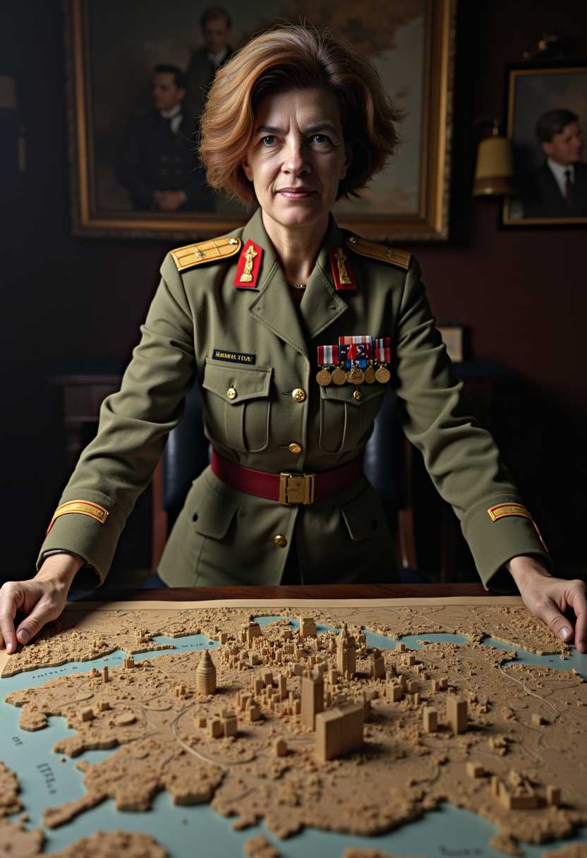 Medium shot portrait of Goddess Paula_2 as a British military general, depicted with striking authority and poise, overlooking a detailed 3D war map of World War II. The map prominently reveals a minutely-detailed location of London, teeming with intricately sculpted landmarks and tactical elements. Goddess Paula_2 is adorned in a historically accurate British military uniform, complete with medals and insignias, with an air of regal confidence. The scene is bathed in soft, dramatic lighting that highlights the textures of her uniform and the contours of her face, adding depth and intensity. The background suggests a dimly lit war room, with shadows casting a serious and focused atmosphere, evoking both the urgency and strategic contemplation of wartime. The camera angle is slightly elevated, capturing her determined gaze and strategic posture, with her hands resting on the edges of the map table. The artistic style is a blend of photorealism and historical portraiture, ensuring a vivid, lifelike depiction with meticulous attention to the details of both the subject and setting. The overall mood is one of commanding presence, strategic acumen, and wartime resilience. Photography by Josef Karsh.