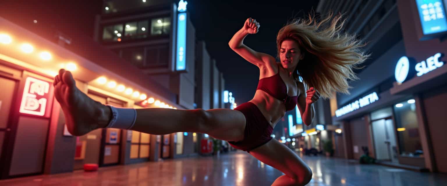 Dramatic low wide-angle close-up shot of Goddess Paula_2 performing a powerful karate kick directly at the camera, the scene is set in a neon-lit urban environment at night. The low-angle perspective emphasizes her dominance, capturing the raw power and motion of her kick. Highlight her muscular physique in dynamic action, her intense facial expression, and the flowing movement of her clothes and hair. Use stark chiaroscuro lighting to enhance the dramatic and powerful atmosphere, casting sharp shadows that accentuate her form. The background showcases blurred city lights and tall buildings, adding depth and a sense of energy to the scene. Capture the motion blur of her kicking leg to convey speed and impact. Employ a cinematic style with a vibrant color palette, using high contrast and deep saturation to make the scene visually striking.