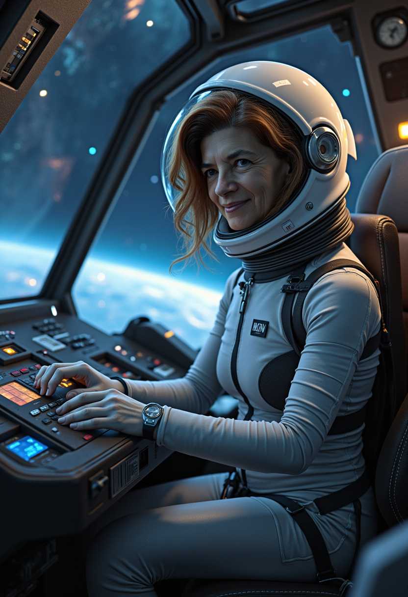 **Prompt**: A highly realistic scene featuring a smiling astronaut named Paula_02 seated in the cockpit of a futuristic spacecraft looking at camera. The cockpit is illuminated by the soft glow of various control panels, holographic displays, and blinking lights, casting an intricate interplay of shadows and light across her suit and face. Paula_02, wearing a sleek, modern spacesuit with reflective surfaces and intricate detailing, is focused intently on adjusting switches on the control panel in front of her. The view through the wide cockpit window reveals the vast expanse of space, dotted with distant stars and the faint traces of colorful nebulas. The overall composition centers Paula_02, capturing the scene from a slightly low, angled perspective to highlight the complexity of the cockpit and her purposeful actions. The mood is tense but determined, with an atmosphere reminiscent of high-stakes space missions. The colors are a blend of cool blues and metallic grays, with occasional bursts of vibrant light from the controls. Ultra-high definition, hyperrealistic textures, and dynamic lighting make this scene immersive and compelling.