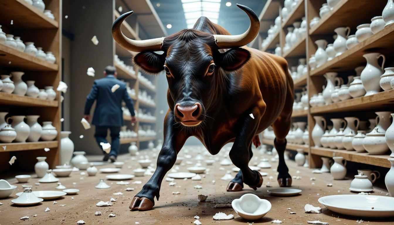 A massive, powerful bull charging through a porcelain store, its muscular frame crashing into delicate shelves and fragile displays. Shards of fine china fly through the air as the bull's horns tear through the intricate pieces, causing a chaotic storm of broken porcelain. The floor is littered with shattered plates, cups, and vases. In the background, hidden within the shadows, something menacing seems to lurk, adding an ominous tension to the scene. The atmosphere is filled with dust and the echoes of destruction, with a sense of impending doom as the bull continues its rampage.
