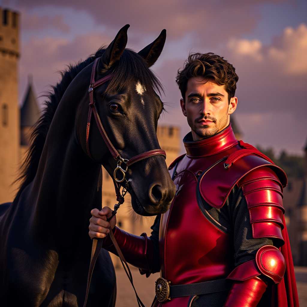 A stunning portrait of a man resembling Charles Leclerc, clad in shining, red knight armor, standing valiantly beside a majestic black horse. The scene is grand and beautifully composed, highlighting the nobility and valor of Charles Leclerc. The armor gleams with a rich crimson hue, reflecting subtle glints of light, showcasing its intricate craftsmanship. The black horse stands regally next to him, its mane flowing gracefully and eyes exuding strength and loyalty. The background features a medieval castle with towering battlements, set against a dusk sky painted with hues of purple and gold, creating an awe-inspiring atmosphere. The lighting is dramatic, casting deep shadows and highlighting the metallic sheen of the armor and the glossy coat of the horse. The composition captures Charles Leclerc in a heroic, almost mythical pose, with the camera angle slightly low, emphasizing his dominance and grandeur. Overall, the scene evokes a sense of historical epic, chivalry, and timeless honor, blending realism with a touch of romantic fantasy. In the style of Renaissance portraiture, with impeccable attention to detail and a rich, warm palette, this image truly celebrates the majestic presence of Charles Leclerc as a modern-day knight.