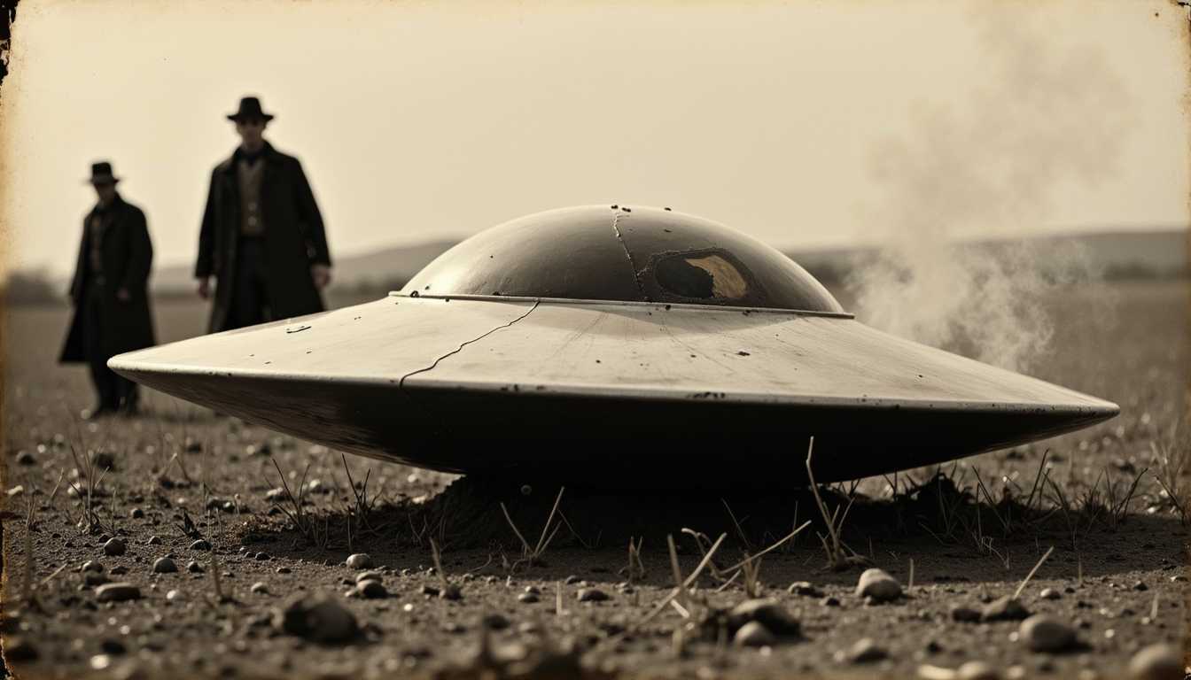 A vintage, sepia-toned photograph capturing the moment a flying saucer crash lands in a barren field. The UFO, with its classic disc shape, is partially buried in the earth, its metal surface dented and scorched. Smoke rises from the wreckage, adding a hazy atmosphere to the scene. In the background, blurred and barely visible, figures in dark coats observe from a distance, their intentions unclear and slightly unsettling. The edges of the photo are worn and faded, giving the image an eerie, almost otherworldly feel, as if the crash was never meant to be discovered.
