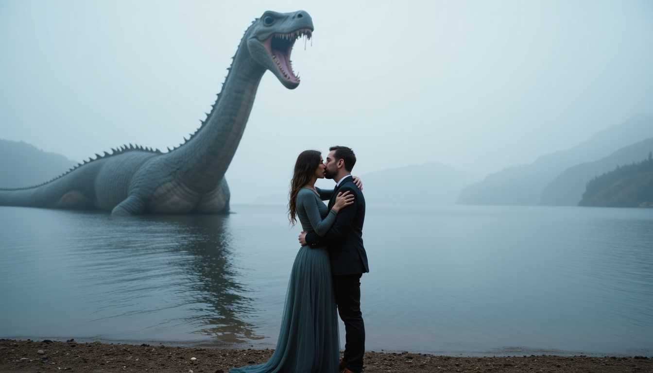 A couple in an intimate embrace, caught mid-kiss on the shores of a misty lake. Their eyes widen in shock as the massive form of the Loch Ness monster emerges from the water behind them. The creature’s long, serpentine neck rises ominously above the surface, water dripping from its scaly skin. The lake is shrouded in fog, adding a mysterious atmosphere, with only the faint outlines of distant hills visible. The couple's surprise adds a sudden tension to the romantic scene, as the legendary creature looms in the background, creating a surreal and unsettling contrast.