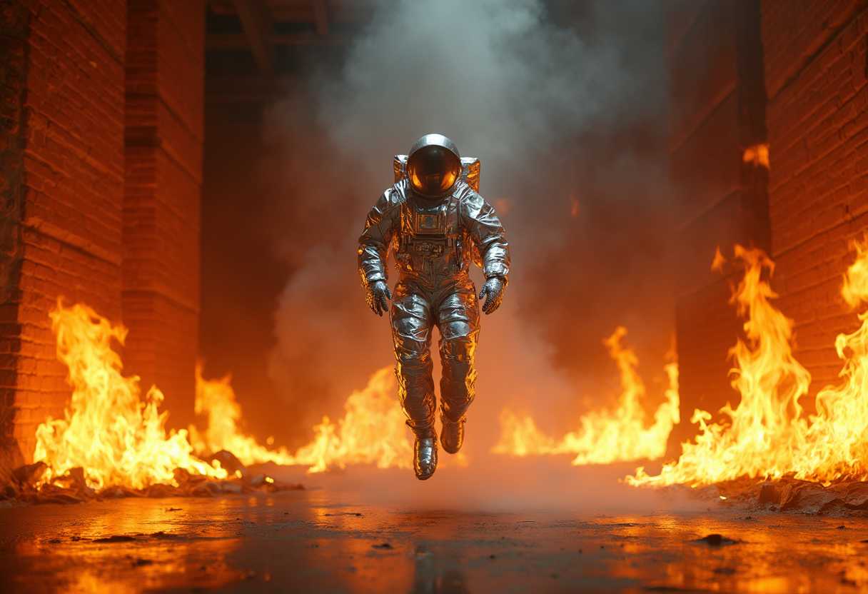 Astronaut in Flames A Surreal Scene of Fire and Space Exploration