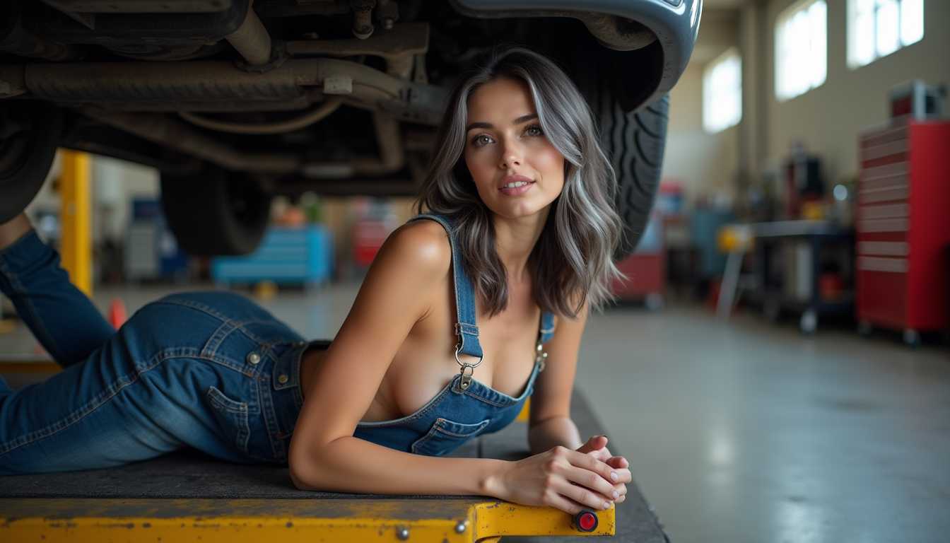 Medium shot of a beautiful woman with shoulder-length wavy dark hair streaked with grey, wearing denim overalls with a bare chest, lying on a creeper while repairing the underside of a car. The scene is set in a car services garage, with tools and equipment visibly scattered in the background, enhancing the authentic ambiance of a working environment. The composition is asymmetrical, drawing the eye naturally to the subject, who is positioned slightly off-center. The image captures the moment with natural soft daylight filtering through the garage, creating a warm, inviting atmosphere. The photograph is taken using a Canon EOS 5D Mark IV with a Canon EF 50mm f/1.2L USM lens, ensuring impeccable detail and a slight bokeh effect that adds depth to the background.