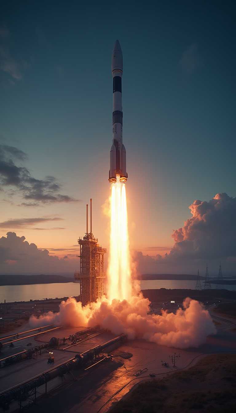 This image captures a moment of dynamic action and technological prowess as a rocket ascends into the sky. The art style is a blend of realism and highenergy photography, which is evident in the sharpness of the details and the clarity of the motion blur. The medium appears to be a highresolution digital photograph, given the sharpness and the lack of graininess.The colors in the image are a mix of cool twilight blues and warm sunset oranges, creating a dramatic contrast that emphasizes the rockets ascent. The sky is a gradient of deep navy to lighter blue, with wispy clouds that are illuminated by the setting sun, casting a golden hue on the edges. The rocket itself is primarily white with black detailing, which stands out against the cooler background.Objects in the image include the rocket, which is the focal point, with its engines fiercely ignited, propelling it upward. The rocket is mounted on a launch pad, which is a large, flat concrete surface with a series of pipes and conduits running along its edge. There are also several bright lights illuminating the scene, likely to provide visibility during the nighttime launch. In the background, there is a calm body of water, which reflects the last light of the sun, and a launch tower that is silhouetted against the sky. The rockets engines are ablaze with a brilliant orange flame, which is surrounded by a mist of exhaust gases, adding to the sense of power and movement. The rockets boosters are also visible, with their engines also ignited, contributing to the overall thrust. The launch pad is devoid of personnel, which is typical for safety protocols during a launch. The surrounding area is industrial, with infrastructure that supports the rockets preparation and launch. The image conveys a sense of wonder and the human achievement in space exploration.
