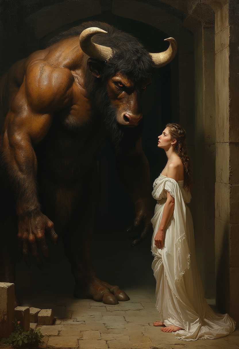 A colossal Minotaur, its muscular, fur-covered body glistening under the dim torchlight of an ancient, labyrinthine chamber. The creature's eyes, fierce and calculating, gaze intently at a young woman draped in a delicate white gown, symbolizing her status as one of the seven virgins sent as tribute. The woman's face reflects a mix of fear and resignation, her features beautifully captured in a chiaroscuro effect, contrasting sharply with the rugged, brutal appearance of the Minotaur. The chamber, filled with elaborate stone carvings and flickering shadows, adds a sense of historical depth and mythic intensity. The scene is rendered in the dramatic, emotive style of Caravaggio, with a strong focus on realism and intense lighting. The atmosphere is tense and foreboding, with the distant sound of dripping water and echoing footsteps enhancing the sense of impending doom. The overall composition places the Minotaur slightly off-center, looming over the woman who is positioned to the right, creating a dynamic balance between dominance and vulnerability.