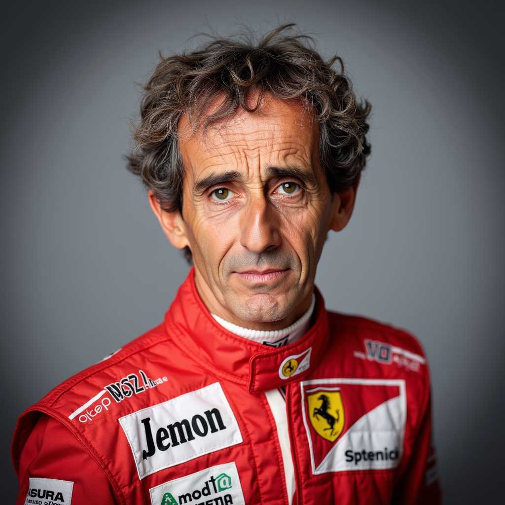 Portrait of Alain Prost, studio photo style, high-resolution. Alain Prost is positioned centrally, captured from the shoulders up. He wears a classic Formula 1 racing suit from the 1980s, detailed with sponsor logos and vibrant red and white colors. The background is a neutral gradient, subtly lit to highlight the contours of his face without distraction. The lighting is soft yet focused, creating gentle shadows that add depth and dimension to his features. Prost's expression is confident and composed, reflecting his legendary status in motor racing. The image has a clean, polished look, with sharp focus on his eyes, slight vignette at the edges to draw attention inward, and professional studio photography style ensuring every detail of the subject stands out. Mood is respectful and celebratory, a timeless tribute to the racing icon. The overall atmosphere is one of poised elegance, capturing both the man and the legend. Technical aspects include a shallow depth of field to blur the background, ensuring Alain Prost’s visage is the focal point, and a slight use of backlighting to give a subtle halo effect around his head.