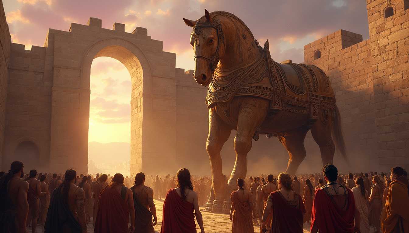 The Trojan Horse stands majestically outside the imposing gates of Troy, basking in the golden glow of the setting sun. The intricately carved wooden structure towers over the gathered crowd, each detail of its construction meticulously crafted, from the wood grain to the iron reinforcements. The citizens of Troy, garbed in traditional ancient Greek attire with flowing robes and intricate jewelry, come forward in awe, their expressions a blend of curiosity and admiration. 

The city walls, built of ancient stone blocks, rise high behind the horse, their surfaces weathered yet resilient, adding a sense of history and grandeur. The scene is bathed in the warm, amber light of early evening, casting long shadows and highlighting the textures with a soft, golden hue. The sky, painted in a gradient of purples, pinks, and oranges, creates a dramatic backdrop, with wisps of clouds catching the last light of day.

In the foreground, the people of Troy are captured in various states of movement and expression, some reaching out tentatively towards the horse, while others stand back, discussing amongst themselves. The atmosphere is one of mixed wonder and trepidation, as the enormity of the moment sinks in. 

Artistic style: Classical realism with a touch of dramatic romanticism,