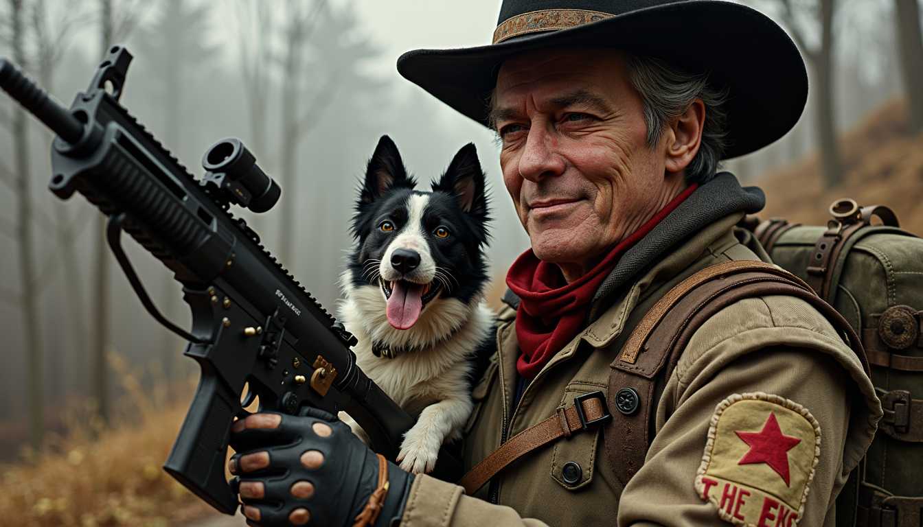 SteffN man,, SteffN, a photo of SteffN man 45 years old, slim waist, create an image of a Vault-Tec style of Fallout, a close up of SteffN, with a cowboy hat, SCArED dirty injured face, with his young bORDER COLLIE military  dog, bandolier with a long duster, deep red BANDANA AROUND SteffN NECK, six gun and belt. Background, dirty, a dystopian landscape, volumetric lightning, ambient light, 

The image depicts SteffN dressed in a rugged dirty torn oily outdoor outfit, suggesting a setting that could be a destroyed urban area or a post-apocalyptic environment. SteffN is wearing a wide-brimmed black hat with gun shells as hat band and a feather in the hat band, adding a pop of reflections to the otherwise earthy tones of the oily and really dirty torn outfit. SteffN is also wearing a heavy coat with a fur-lined hood, which is practical for cold weather. The coat has a patch on the left arm that features writing that spells "The Enclave"with red letters, SteffN is holding a large, black futuristic firearm build at scraps and computer parts. The firearm is equipped with a laser scope, suggesting it is used for precision shooting. extra home build assessories on the weapon, SteffN grip on the firearm is firm, indicating readiness he smiles to the dog,The figure is also wearing a backpack, which is a common accessory for outdoor activities or survival scenarios. The backpack appears to be well-worn, suggesting extensive use. The dog accompanying SteffN is a Border Collie, known for its intelligence and loyalty. The dog's coat is a mix of white and black, typical of the breed. It is perched comfortably on SteffN  arm, looking alert and attentive. The dog's paw is resting on the firearm, which is an unusual and somewhat humorous detail, as it gives the impression that the dog is either helping to hold the weapon or is simply curious about it. The overall atmosphere of the image is one of survival and resilience, emphasized by the rugged attire, the firearm, and the dog's presence. The details in the image, such as the worn hat, the patch on the coat, and the dog's paw on the firearm, contribute to the narrative of a person who is prepared for challenging circumstances and who is not alone in their journey. its night, stormy night, bon fire, moon light, full moon, 