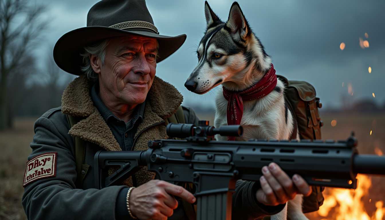 SteffN, a photo of SteffN man,, stormy night, bon fire, moon light, full moon, 57 years old, 2 days old white stubles,  slim waist, create an image of a Vault-Tec style of Fallout, a close up of SteffN, with a cowboy hat, SCArED dirty injured face, with his young Hoskie military dog,back pack on its back bandolier with a long duster, deep red BANDANA AROUND SteffN NECK, six gun and belt. Background, dirty, a dystopian landscape, volumetric lightning, ambient light, 

The image depicts SteffN dressed in a rugged dirty torn oily outdoor outfit, suggesting a setting that could be a destroyed urban area or a post-apocalyptic environment. SteffN is wearing a wide-brimmed black hat with gun shells as hat band and a feather in the hat band, adding a pop of reflections to the otherwise earthy tones of the oily and really dirty torn outfit. SteffN is also wearing a heavy coat with a fur-lined hood, which is practical for cold weather. The coat has a patch on the left arm that features writing that spells "The Enclave"with red letters, SteffN is holding a large, black futuristic firearm build out of metal scraps and computer parts. The firearm is equipped with a laser scope, suggesting it is used for precision shooting. extra home build steam punk assessories on the weapon, SteffN grip on the firearm is firm, indicating readiness he smiles to the dog, SteffN is also wearing a backpack, which is a common accessory for outdoor activities or survival scenarios. The backpack appears to be well-worn, suggesting extensive use. The dog accompanying SteffN is a Hoskie, known for its intelligence and loyalty. The dog's coat is a mix of white and black, typical of the breed. It is perched comfortably on SteffN  arm, looking alert and attentive. it has a red bandana around its neck, The dog's paw is resting on the firearm, which is an unusual and somewhat humorous detail, as it gives the impression that the dog is either helping to hold the weapon or is simply curious about it. The overall atmosphere of the image is one of survival and resilience, emphasized by the rugged attire, the firearm, and the dog's presence. The details in the image, such as the worn hat, the patch on the coat, and the dog's paw on the firearm, contribute to the narrative of a person who is prepared for challenging circumstances and who is not alone in their journey. its night, 