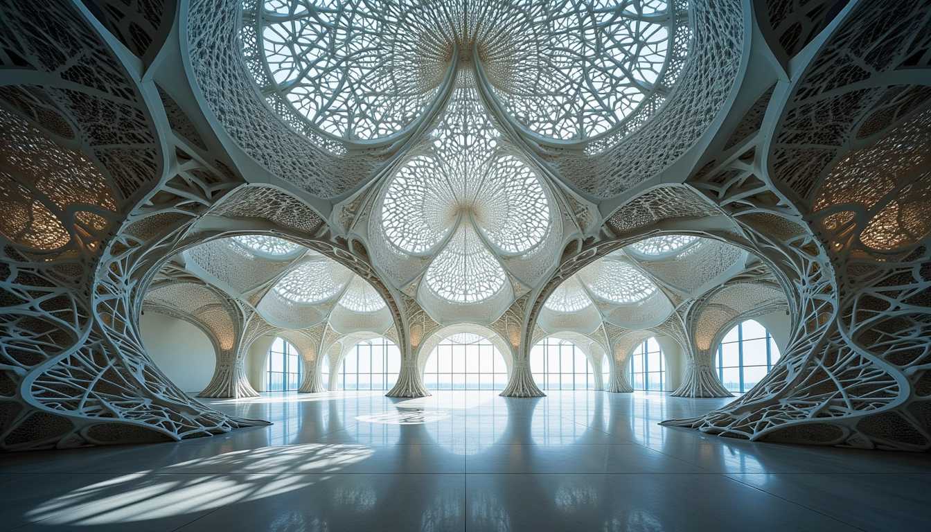 A breathtaking avant-garde interior featuring intricate fractal glass architecture, illuminated by ambient natural light. The fractal patterns of the glass create mesmerizing reflections and refractions, casting an array of colorful light patterns across the room. The textures of the glass are smooth and crystalline, with sharp, geometric edges that enhance the futuristic aesthetic. The overall color palette predominantly features iridescent hues of blues, purples, and greens, adding to the ethereal atmosphere. The space is open and spacious, with delicate and complex structures rising from the floor and extending towards the ceiling, creating an almost organic feel. The composition highlights the grand scale of the space, with a wide-angle view that captures the full magnificence of the architecture. The mood is serene yet otherworldly, with a sense of tranquility punctuated by the dynamic interplay of light and shadow. The weather outside is sunny, allowing for a brilliant display of light through the glass. Every detail, from the fine lines in the fractal designs to the way the light dances across surfaces, contributes to the overall cohesion of this stunning, avant-garde masterpiece.