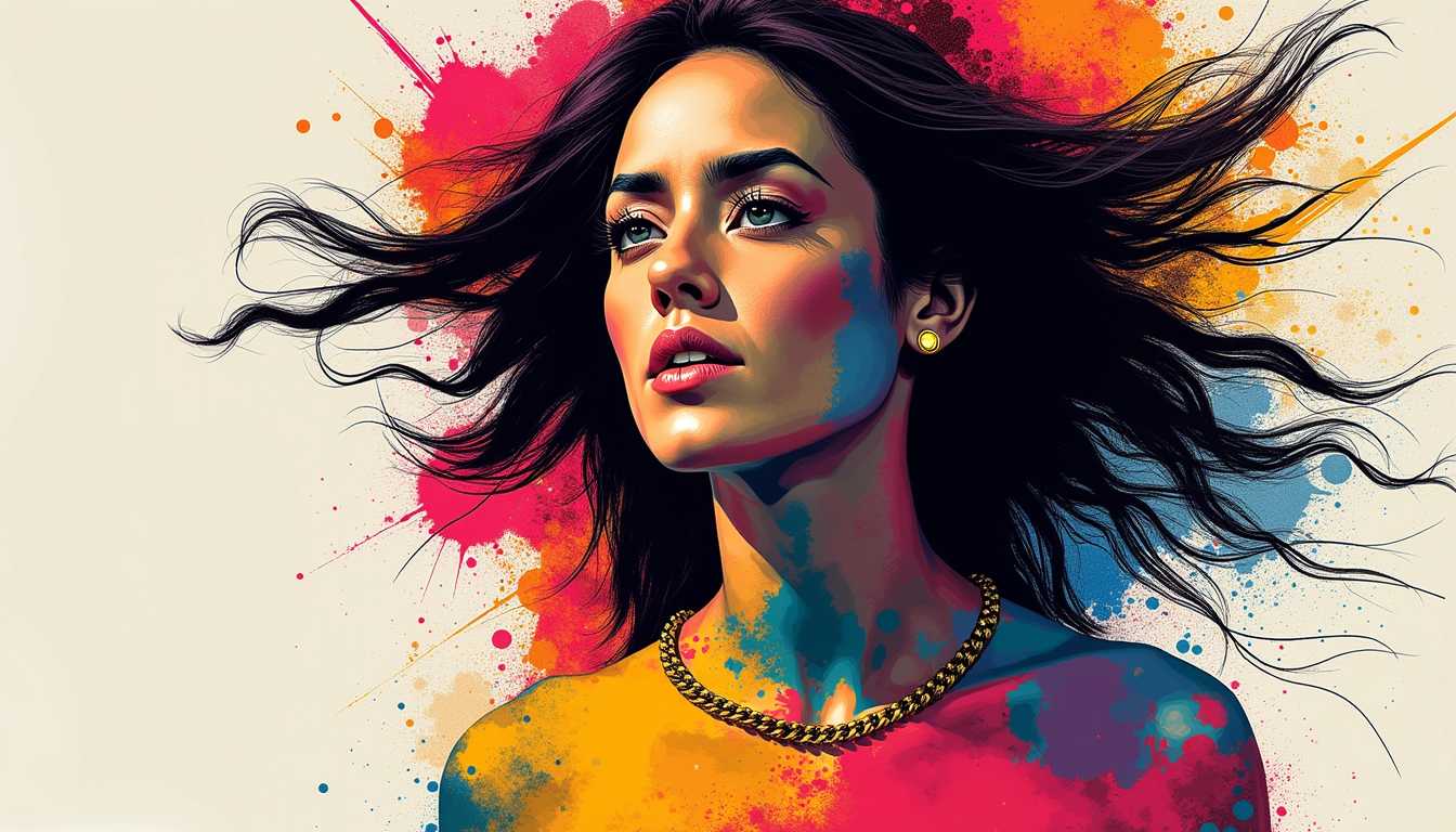 a photo of ALEMAP woman, MAD-CBRPNKSPLSHRT, PAINT SPLASHES, OUTRUN, RAL-ERTMSPHR,