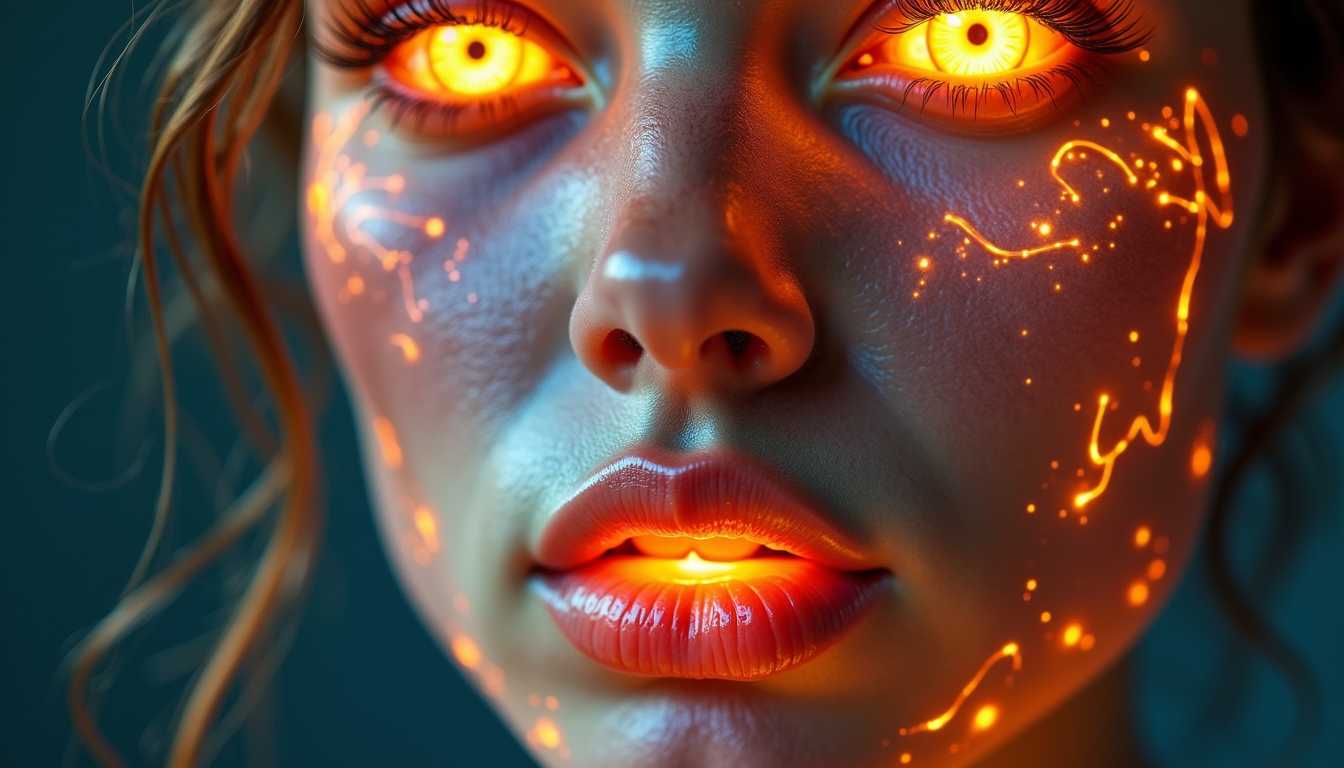 masterpiece, best quality, highres, sharp image, more detail <lora:more_details:0.5> <lora:SDXLrender_v2.0:1>Close up on the beautiful woman's face that made out of pure energy, with glowing nerves under the skin and fiery iris of the eyes, like two magical black holes. Shallow depth of field with focus on the burning beautiful lips. Translucent lips from the glow under the skin, but not inside the mouth. Energy waves burst out from the skin, similar to solar flares.