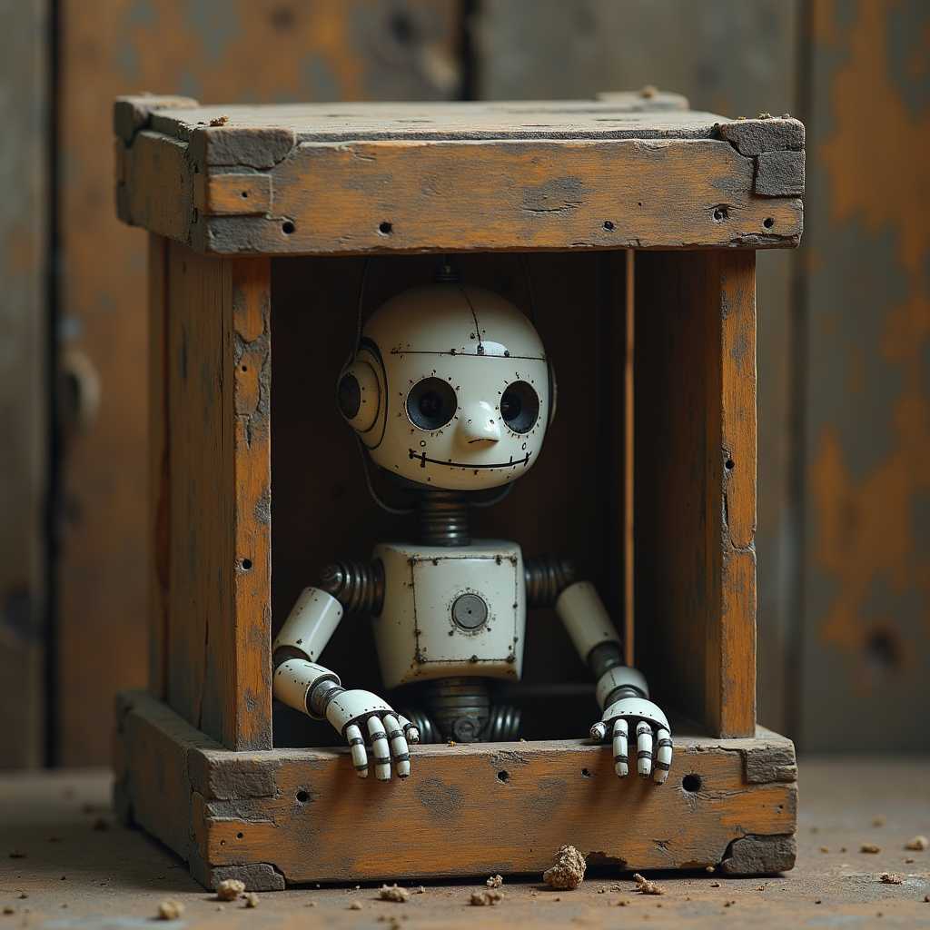 Un robot dans une cage en bois, il est triste, assis dans cette cage, style ral-ertmsphr,