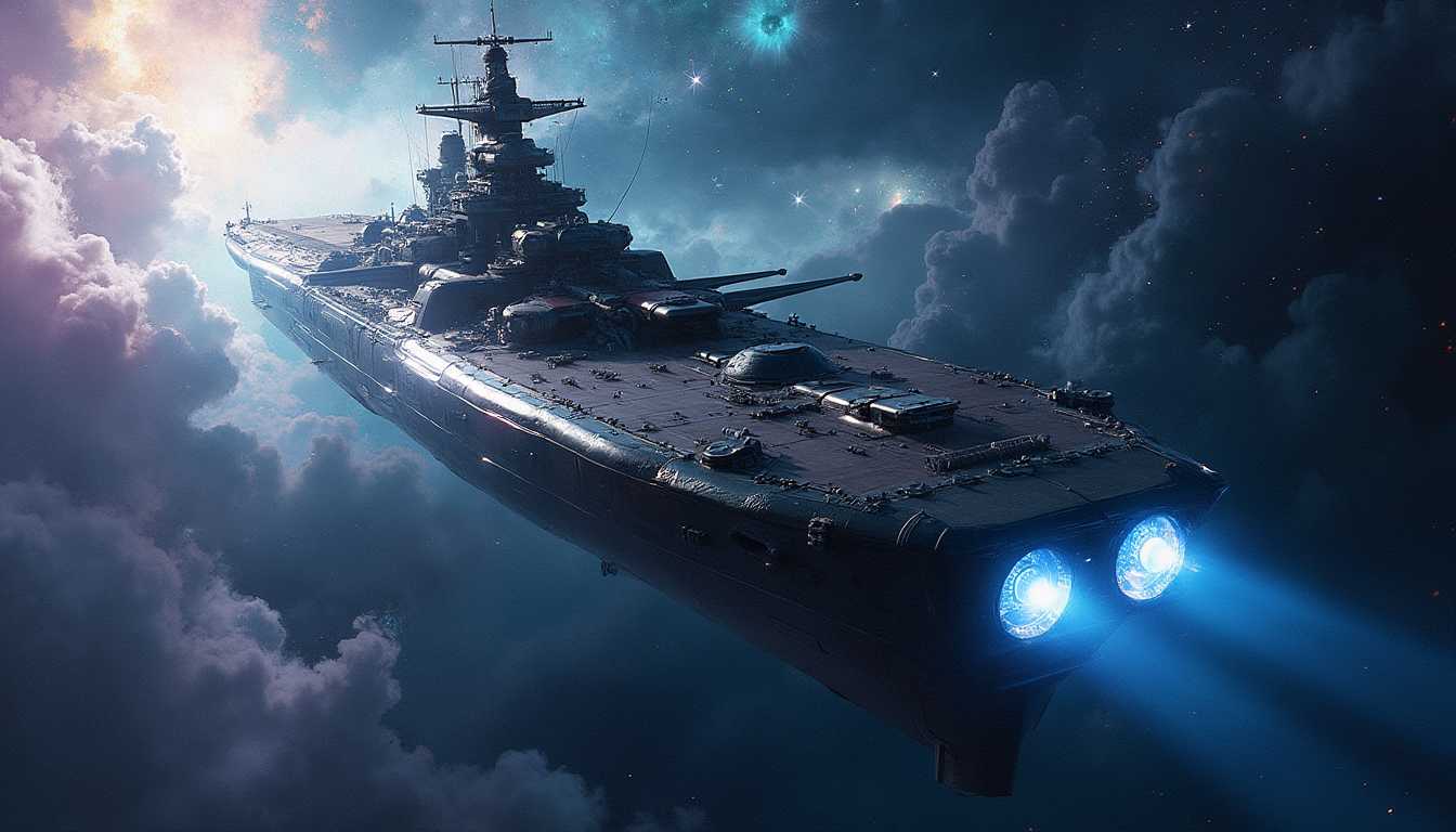 **Prompt:**

A majestic, colossal space battleship Yamato, soaring through the vastness of space. The ship's sleek, streamlined structure is illuminated by the glows of distant stars and nebulae, casting a metallic sheen on its hull. The design is reminiscent of a World War II battleship but with futuristic technology, featuring large gun turrets, intricate radar arrays, and advanced propulsion systems. The backdrop is a vibrant, star-studded galaxy with swirling clouds of cosmic dust in shades of deep blue, purple, and silver, providing a sense of depth and majesty. The ship's powerful engines emit a radiant blue light, cutting through the dark expanse. The scene is set in a high-definition, photorealistic style with a cinematic composition, capturing the grandeur and scale of this mighty spacecraft. The overall mood is one of awe and adventure, with a hint of nostalgia and a futuristic allure. The image should feel dynamic, with a slight tilt to the ship, giving the impression of movement and impending action in the galactic void.