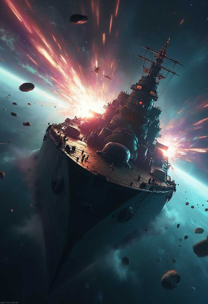Title: "Space Battleship Yamato Fires Its Main Guns"

Prompt: A breathtaking visual of the legendary Space Battleship Yamato mid-battle, firing its main guns in an interstellar conflict. The massive ship, with its sleek, dark metallic hull and intricate details, dominates the center of the composition. Brilliant, intense beams of energy burst forth from the ship's main guns, slicing through the vast expanse of space with blinding luminosity and vivid contrast. 

The backdrop is a star-filled cosmic arena, with distant nebulas casting ethereal glows of purples, blues, and greens. Asteroids and debris float, adding a sense of chaos and urgency to the scene. The lighting is dramatic, with the main light source coming from the firing guns, casting sharp shadows and illuminating the battleship's armor in a stunning display of power.

The angle is dynamic, with a slight tilt, capturing the sheer size and power of the Yamato from a slightly lower perspective, emphasizing its majesty and dominance. The viewer can sense the intense energy and the ominous silence of space, broken only by the visual explosion of light from the fired guns.

The mood is tense and exhilarating, a mixture of awe and anticipation. The atmosphere is cold and vast, yet punct