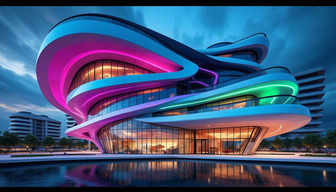 Ultra-modern architectural marvel, bathed in neon colors, year 2090. The building features futuristic, sleek lines and curves, with glass and metal surfaces reflecting vibrant hues of electric blue, neon pink, and pulsating green. The structure stands tall amidst a sprawling cityscape, with other avant-garde buildings in the background glimmering under the neon lights.  ultra realist 8k

**Style**: Cyberpunk, Photorealistic

**Composition**: Wide-angle view from a slightly low perspective, capturing the full height and grandeur of the main building, while also showcasing the surrounding city. The neon lights create a mesmerizing glow, illuminating the scene with a futuristic ambiance.

**Mood and Atmosphere**: Evening setting with a clear sky, the city alive with the hum of technology and innovation. The neon colors dominate, creating a vibrant, energetic atmosphere, while also highlighting the cutting-edge design of the architecture.

**Technical Aspects**: HDR photography for enhanced color depth and contrast, long exposure to capture the luminous trails of moving lights, and a high dynamic range to ensure the brilliance and clarity of details are meticulously rendered.