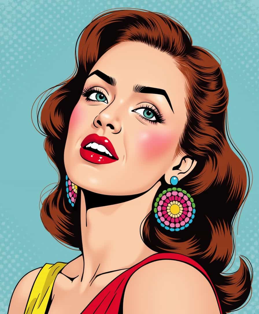 a photo of ALEMAP woman, 1950's Pop-art , red lipstick, big colorful earrings, Editorial image with Clemens Ascher's bright, soda-themed pop-art style. light blue pokadot background, pop art style by aleksandra waliszewska