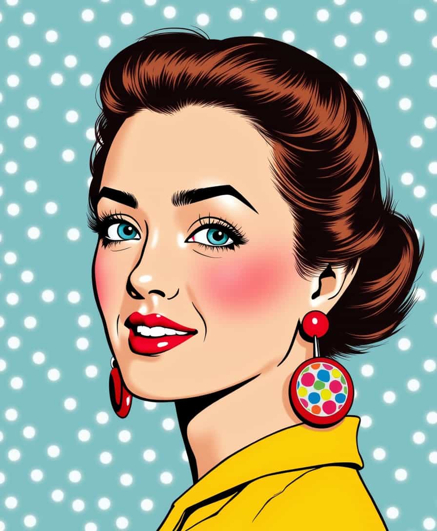 a photo of ALEMAP woman, 1950's Pop-art , red lipstick, big colorful earrings, Editorial image with Clemens Ascher's bright, soda-themed pop-art style. light blue pokadot background, pop art style by aleksandra waliszewska