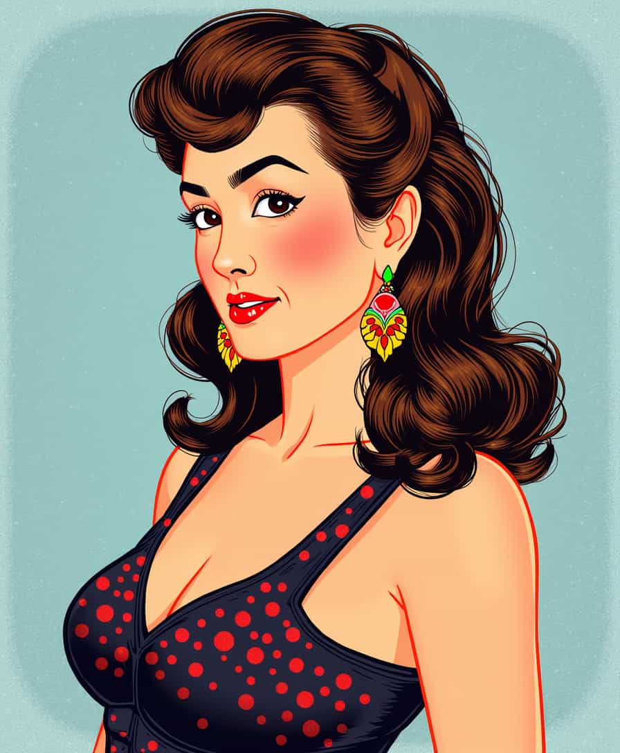 ALEMAP woman, 1950's Pop-art , red lipstick, big colorful earrings, Rosie the Riveter style pose. light blue pokadot background, pop art style by J. Howard Miller