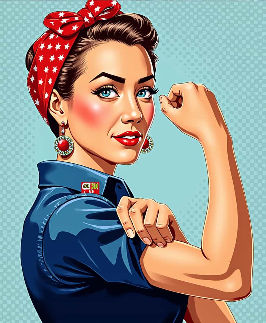 ALEMAP woman, 1950's Pop-art , red lipstick, big colorful earrings, Rosie the Riveter style pose. light blue pokadot background, pop art style by J. Howard Miller