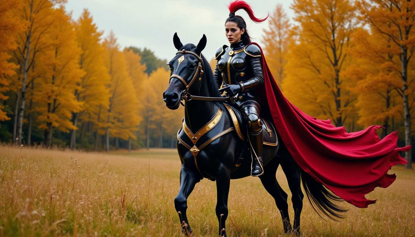 horror movie scene, naked 666SeltinSweetyP01 woman, High Gothic DarkFantasy ,t Cursed:-Gothic HighCottagecore Knight, red plume crest,in a detailed sixteenth century gothic black armor guilded with golden trims,with coats of arms ,flowing crimson cloak ,holding a enchanted claymore in both hands, and riding a horse, ,colorfull meadow, autumnal golden orange/yellow forest, intricate illustrations, curvilinear, ugly, tiling, poorly drawn hands, poorly drawn feet, poorly drawn face, out of frame in the style of Mathieu Schelleken, 