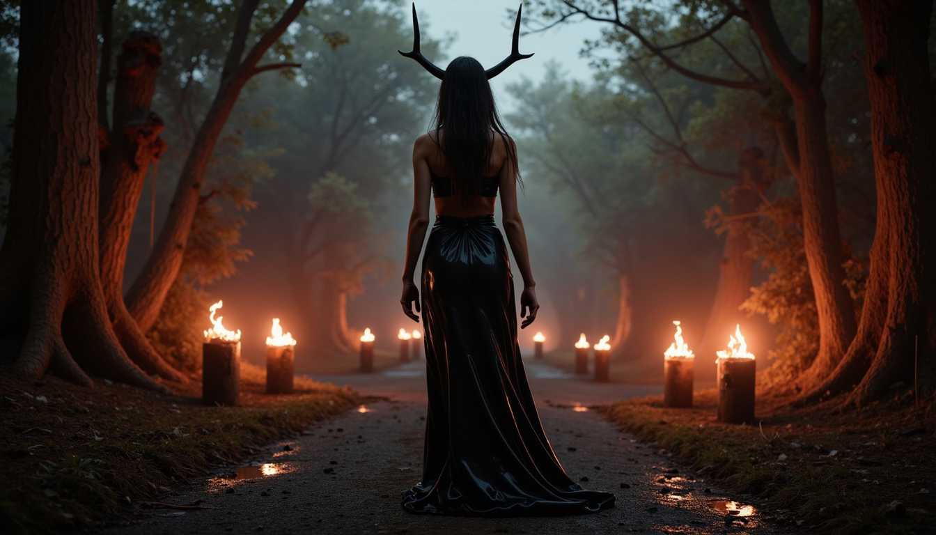 horror movie scene, naked 666SeltinSweetyP01 woman, attending a witches sabbath by Ismail Inceoglu.