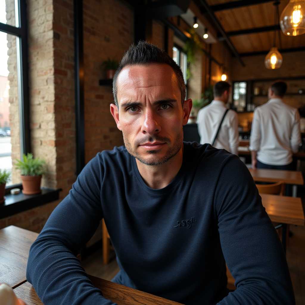 A highly detailed, realistic photo of a magnetically attractive man in a cozy, rustic cafe. The man, with a well-groomed beard and stylish hairstyle, is seated at a wooden table near a large window. He wears a fitted, dark blue sweater that emphasizes his broad shoulders and toned physique. The sunlight filters through the window, casting a warm, golden glow on his face and creating subtle shadows that contour his features beautifully. The cafe is adorned with vintage decor, potted plants, and exposed brick walls, adding a charming, intimate ambiance. In the background, baristas are busy at work behind the counter, with the rich aroma of freshly brewed coffee filling the air. The overall setting is late afternoon, with soft, natural light enhancing the cozy and welcoming atmosphere. The composition is captured in a slightly high-angle shot, focusing on the man while incorporating the inviting elements of the cafe environment.