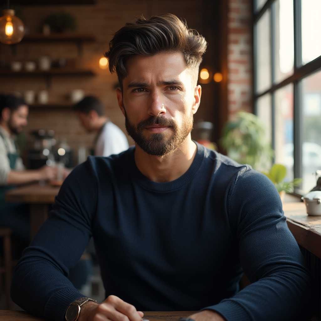 A highly detailed, realistic photo of a magnetically attractive man in a cozy, rustic cafe. The man, with a well-groomed beard and stylish hairstyle, is seated at a wooden table near a large window. He wears a fitted, dark blue sweater that emphasizes his broad shoulders and toned physique. The sunlight filters through the window, casting a warm, golden glow on his face and creating subtle shadows that contour his features beautifully. The cafe is adorned with vintage decor, potted plants, and exposed brick walls, adding a charming, intimate ambiance. In the background, baristas are busy at work behind the counter, with the rich aroma of freshly brewed coffee filling the air. The overall setting is late afternoon, with soft, natural light enhancing the cozy and welcoming atmosphere. The composition is captured in a slightly high-angle shot, focusing on the man while incorporating the inviting elements of the cafe environment.