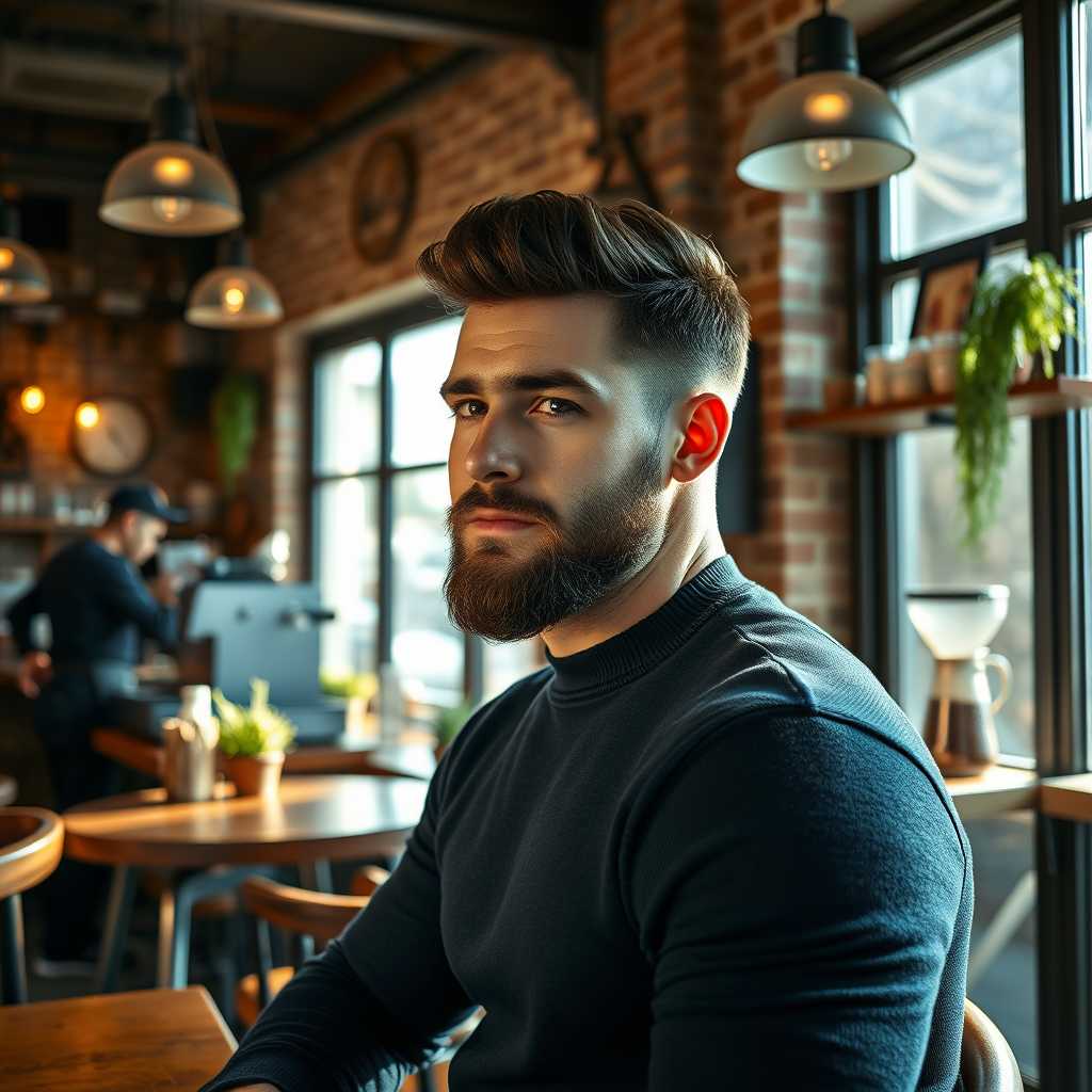 A highly detailed, realistic photo of a magnetically attractive man in a cozy, rustic cafe. The man, with a well-groomed beard and stylish hairstyle, is seated at a wooden table near a large window. He wears a fitted, dark blue sweater that emphasizes his broad shoulders and toned physique. The sunlight filters through the window, casting a warm, golden glow on his face and creating subtle shadows that contour his features beautifully. The cafe is adorned with vintage decor, potted plants, and exposed brick walls, adding a charming, intimate ambiance. In the background, baristas are busy at work behind the counter, with the rich aroma of freshly brewed coffee filling the air. The overall setting is late afternoon, with soft, natural light enhancing the cozy and welcoming atmosphere. The composition is captured in a slightly high-angle shot, focusing on the man while incorporating the inviting elements of the cafe environment.