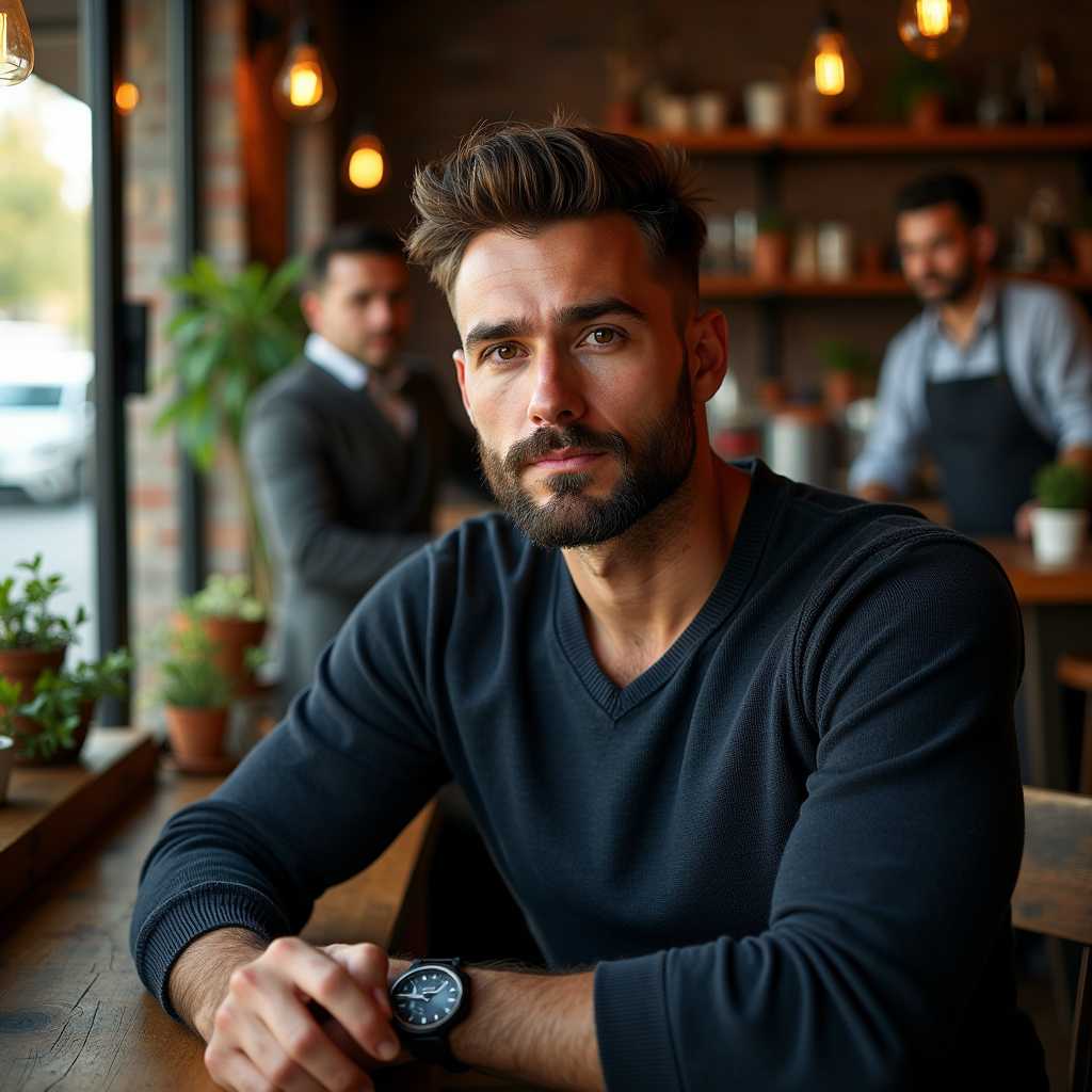 A highly detailed, realistic photo of a magnetically attractive man in a cozy, rustic cafe. The man, with a well-groomed beard and stylish hairstyle, is seated at a wooden table near a large window. He wears a fitted, dark blue sweater that emphasizes his broad shoulders and toned physique. The sunlight filters through the window, casting a warm, golden glow on his face and creating subtle shadows that contour his features beautifully. The cafe is adorned with vintage decor, potted plants, and exposed brick walls, adding a charming, intimate ambiance. In the background, baristas are busy at work behind the counter, with the rich aroma of freshly brewed coffee filling the air. The overall setting is late afternoon, with soft, natural light enhancing the cozy and welcoming atmosphere. The composition is captured in a slightly high-angle shot, focusing on the man while incorporating the inviting elements of the cafe environment.
