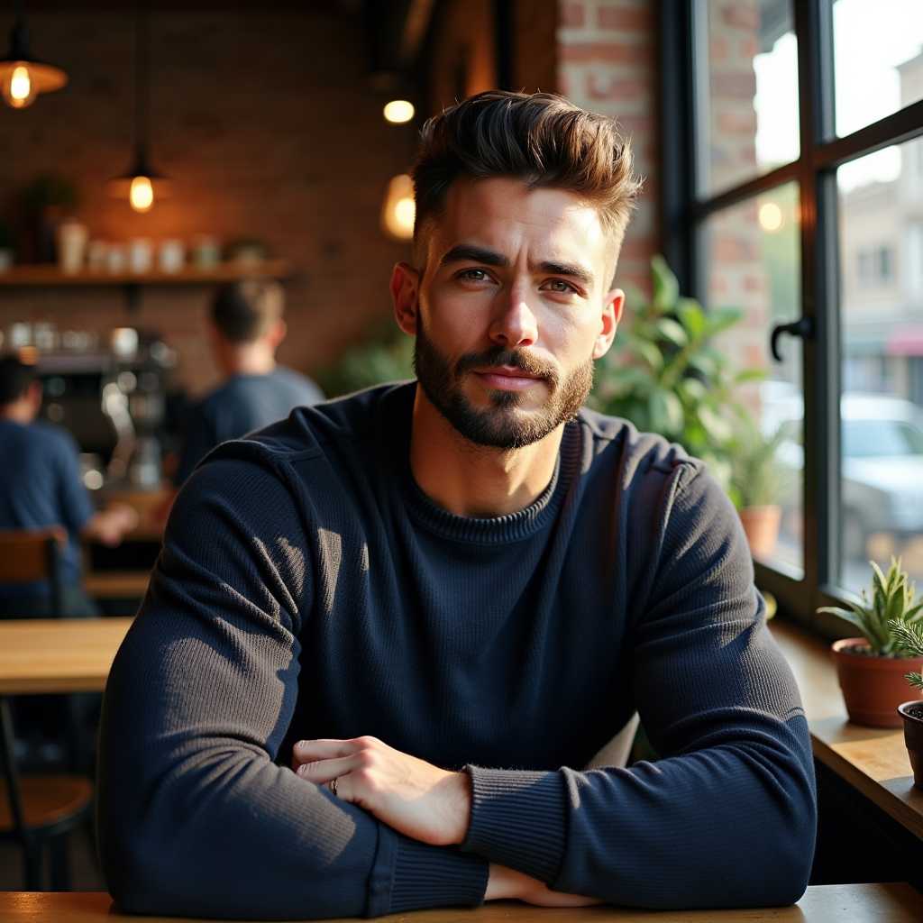 A highly detailed, realistic photo of a magnetically attractive man in a cozy, rustic cafe. The man, with a well-groomed beard and stylish hairstyle, is seated at a wooden table near a large window. He wears a fitted, dark blue sweater that emphasizes his broad shoulders and toned physique. The sunlight filters through the window, casting a warm, golden glow on his face and creating subtle shadows that contour his features beautifully. The cafe is adorned with vintage decor, potted plants, and exposed brick walls, adding a charming, intimate ambiance. In the background, baristas are busy at work behind the counter, with the rich aroma of freshly brewed coffee filling the air. The overall setting is late afternoon, with soft, natural light enhancing the cozy and welcoming atmosphere. The composition is captured in a slightly high-angle shot, focusing on the man while incorporating the inviting elements of the cafe environment.