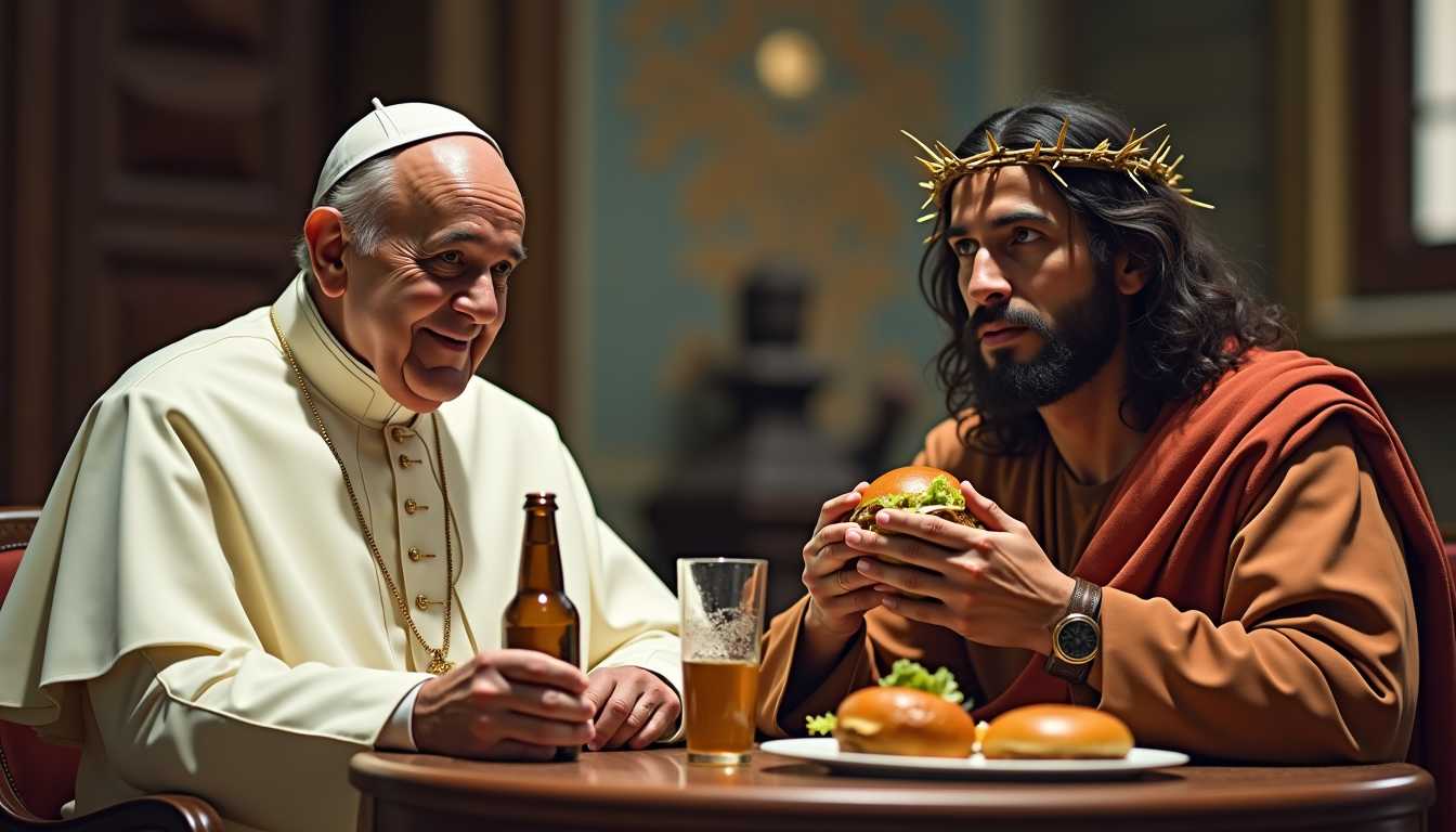 Pope Francis, church in background, photo from side of (realistic face of Pope Francis:1.5) sits on the left side a table , wearing a papal robe and  a small bottle of beer and a glass in front of him, slightly smile, looks up, natural skin, skin pigments, skin pores, matte skin, age spots, on the right side of table sits jesus dressed in a tunic. He wears a (crown of thorns:1.5) on his head. eating a hamburger, both  looking at viewer, dramatic, exuberant, grandeur, baroque art . shallow depth of field, vignette, highly detailed, high budget, bokeh, cinemascope, moody, epic, gorgeous, film grain, grainy