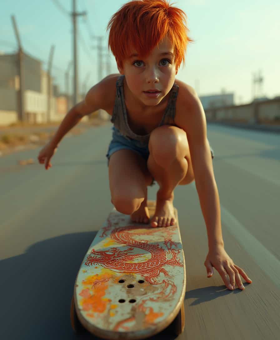 Vibrant Redhead Skateboarding in Urban Setting