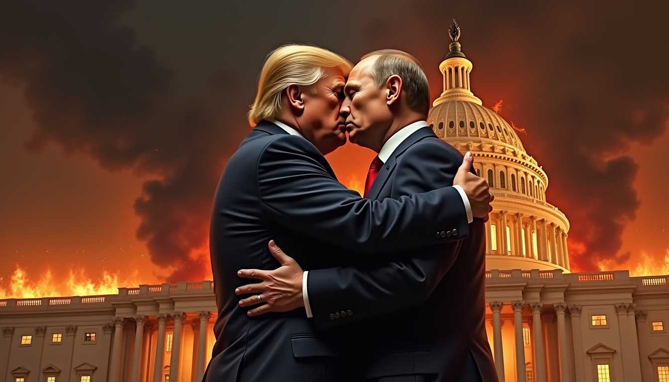 Donald Trump hugging Vladimir Putin, framed against the backdrop of the Capitol building engulfed in flames. The scene is lit by the intense, flickering light of the fire, casting dramatic shadows and a warm, ominous glow over their figures. Trump and Putin are positioned centrally, in the foreground, holding each other in a tight embrace with expressions of solemnity and determination. Rendered in a hyper-realistic painting style, the texture of their suits is detailed, capturing every crease and fold, while their faces display intricate lines and fine details. The composition suggests a photojournalistic approach, shot from a low angle to emphasize the gravity and surreal nature of the scene. The burning Capitol, with its pillars collapsing and its dome partially disintegrated, dominates the background, with dark, billowing smoke reaching into a night sky streaked with ash and embers. The atmosphere is tense and foreboding, reflecting a moment of high drama and historical significance.