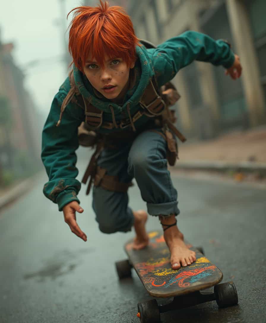 A high-resolution, cinematic portrait of a sexy, gritty, tomboyish teenage skater girl. She has natural red hair styled in a pixie cut and is barefoot, a bandaid on one of her toes, riding a worn skateboard with a vivid dragon decal on its surface. She wears the cosplay costume of Jace Beleren from MagictheGathering lore. The image captures a close-up, slightly low-angle view to emphasize her confident, rebellious demeanor. She rides the skate fast