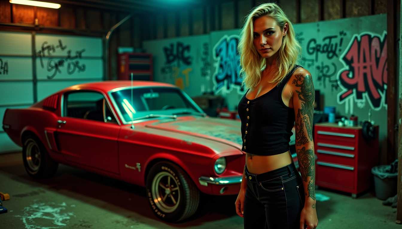 a photo of GADOT, , This photo depicts a dimly lit garage scene with a blend of realism and stylization. The colors are rich and dark, creating a moody atmosphere. A woman with blonde hair and tattoos stands confidently in the foreground, background a graffiti-covered red mustang car in the background. The garage is cluttered with tools and graffiti-covered walls, enhancing the gritty feel. Dramatic lighting adds depth, highlighting the characters and setting. The image suggests a narrative of rebellion and independence.