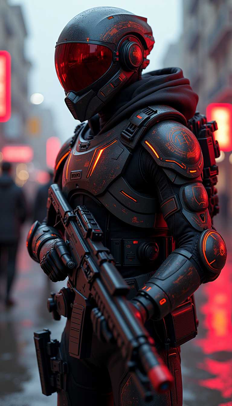 hyperrealistic art Futuristic soldier with advanced armor, weaponry, and helmet, neon red, street, overcast, reflection mapping, intricate design and details, dramatic lighting, hyperrealism, photorealistic, cinematic, 8k, unreal engine. extremely high-resolution details, photographic, realism pushed to extreme, fine texture, incredibly lifelike