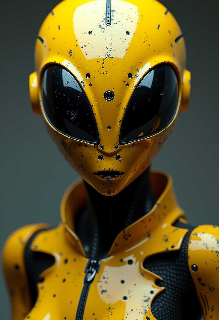 Masterpiece, Best Quality, yellow and black alien 3d model, in the style of surreal cyberpunk iconography, close-up shot, steelpunk, photobashing, dieselpunk. leica r8, 8k, UHD, HDR.