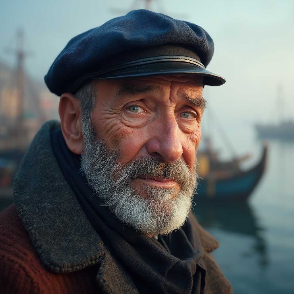 A hyperrealistic portrait of a weathered sailor in his 60s, with deep-set blue eyes, a salt-and-pepper beard, and sun-weathered skin. He’s wearing a faded blue captain’s hat and a thick wool sweater. The background shows a misty harbor at dawn, with fishing boats barely visible in the distance.