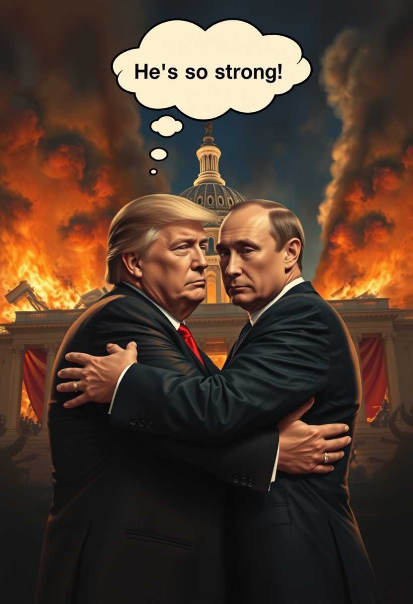Donald Trump hugging Vladimir Putin,  A thought bubble above Trump's head has the text “He's so strong.” framed against the backdrop of the Capitol building engulfed in flames. The scene is lit by the intense, flickering light of the fire, casting dramatic shadows and a warm, ominous glow over their figures. Trump and Putin are positioned centrally, in the foreground, holding each other in a tight embrace with expressions of solemnity and determination. Rendered in a hyper-realistic painting style, the texture of their suits is detailed, capturing every crease and fold, while their faces display intricate lines and fine details. The composition suggests a photojournalistic approach, shot from a low angle to emphasize the gravity and surreal nature of the scene. The burning Capitol, with its pillars collapsing and its dome partially disintegrated, dominates the background, with dark, billowing smoke reaching into a night sky streaked with ash and embers. The atmosphere is tense and foreboding, reflecting a moment of high drama and historical significance. both looking at viewer