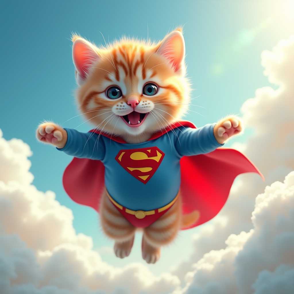 realism, Adorable kitten, flying through fluffy clouds, wearing a Superman costume but with an S logo changed to a C for cat, vibrant blue and red outfit, cape fluttering in the wind, bright daylight sky, whimsical and joyous atmosphere,  high-detail, vivid colors, soft lighting, dynamic angle