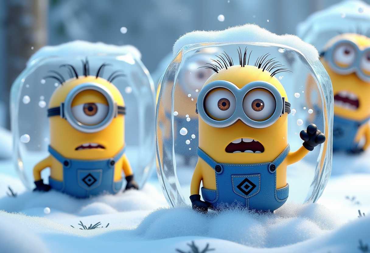 This image features a group of animated characters known as Minions, which are small, yellow creatures with distinctive goggles and overalls. The Minions are all frozen in blocks of ice, and the surrounding environment is a snowy landscape with falling snowflakes.The art style of the Minions is cartoonish and three dimensional, with exaggerated facial expressions and features that are typical of the characters from the Despicable Me franchise. The Minions have spiky hair, and their eyes are large and expressive, with one or two visible depending on the goggles they wear.The medium of the image appears to be a digital rendering, as evidenced by the smooth texture and the way light interacts with the ice and snow. The colors in the image are cool and muted, with shades of white, blue, and grey dominating the palette. The Minions yellow skin stands out against the icy backdrop, and their overalls are a bright blue with a black diamond shaped emblem on the front pocket.The objects in the image include the Minions themselves, each encased in a block of ice, and the snowy landscape that surrounds them. The ice blocks are clear and translucent, allowing light to pass through and casting reflections of the Minions and the snow. The snowflakes are small and delicate, with detailed edges and subtle shading that gives them a realistic appearance. The Minions hands are visible, with one hand raised in a gesture that suggests surprise or alarm. The overall effect is a whimsical and playful scene that captures the essence of the Minions mischievous nature.