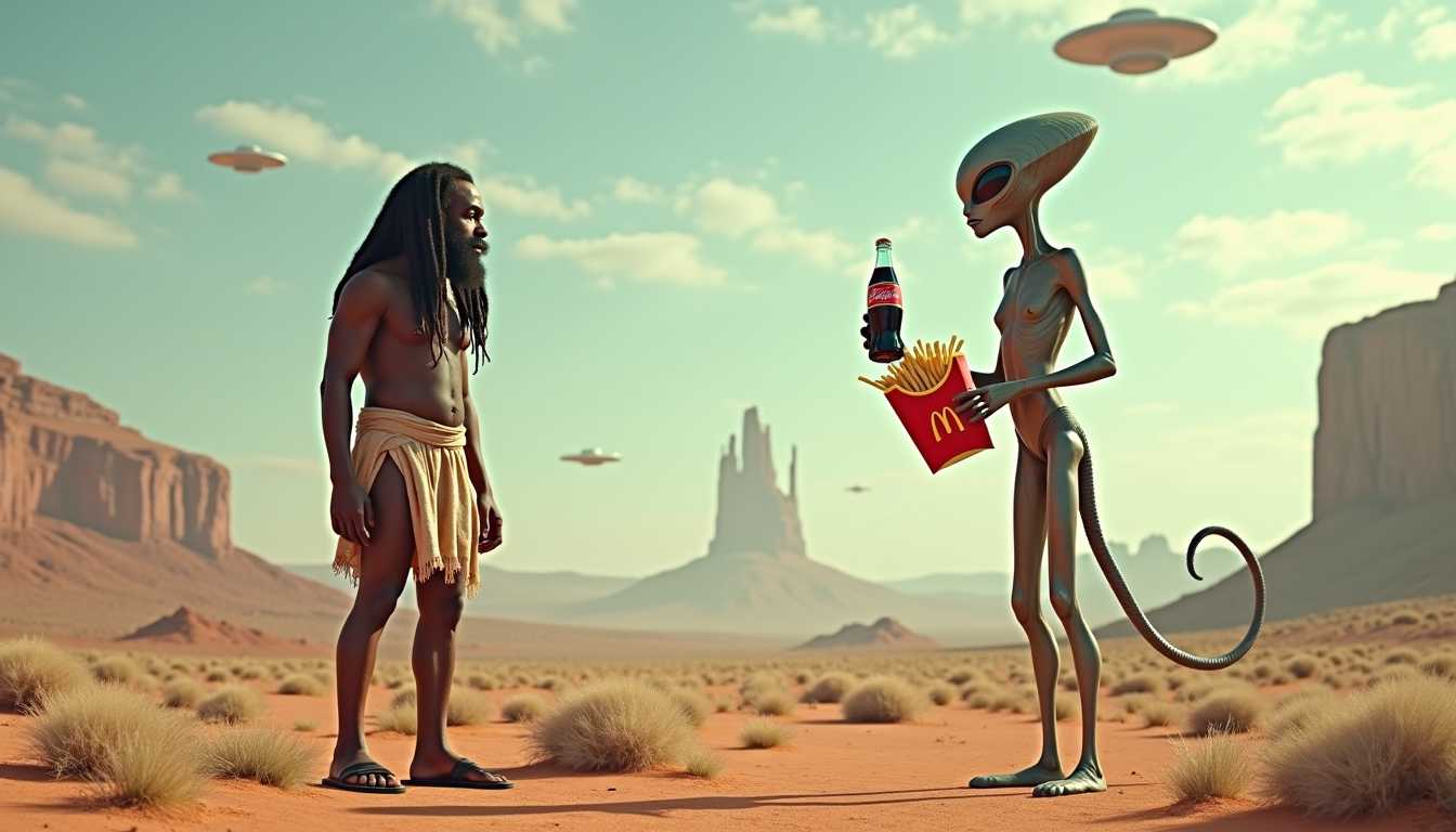 This image is a digitally created artwork that depicts a surreal and fantastical scene. The photo is a blend of realism and stylization, with attention to detail and a cinematic quality that gives the scene a sense of depth and movement. The medium appears to be a digital photo, utilizing software that allows for a high degree of control over color, texture, and lighting. The image has a high-resolution quality, with smooth gradients and transitions between colors. The colors in the image are warm and earthy, with a predominance of browns, oranges, and yellows. These colors evoke a sense of the desert environment in which the scene is set. The sky is a soft blue with wispy clouds, providing a contrast to the warm tones of the ground. The objects in the image are central to the narrative. On the left, there is a humanoid figure with long dreadlocks and a full beard, dressed in a loincloth and sandals, giving the appearance of a primitive or caveman like character. This figure stands with his hands by his sides, facing the right side of the image. On the right, there is a tall, slender alien figure with a large, saucer shaped head and a long tail. The alien is holding a McDonalds meal with a burger and fries, Coca Cola, which is a humorous and unexpected element given the extraterrestrial setting. The aliens skin appears to be a textured, metallic gray, and it has a humanoid posture, with one arm extended and the other bent at the elbow.In the background, there is a vast desert landscape with sparse vegetation and towering rock formations. The horizon is clear, with no sign of civilization, emphasizing the isolation of the scene. Above the desert, there are flying saucers, which add to the scifi atmosphere of the image.Overall, the image is a creative and imaginative blend of human and alien elements, set in a desert landscape with flying saucers, alluding to themes of exploration, otherworldliness, and the unexpected.