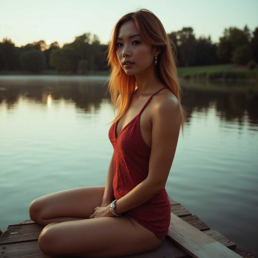 realism, a photo of amy, Full body sexy portrait, wearing a Skim dress, no shoes, summer evening on a lake, Looks like Christina Hendricks, Photograph taken with Canon EOS R3