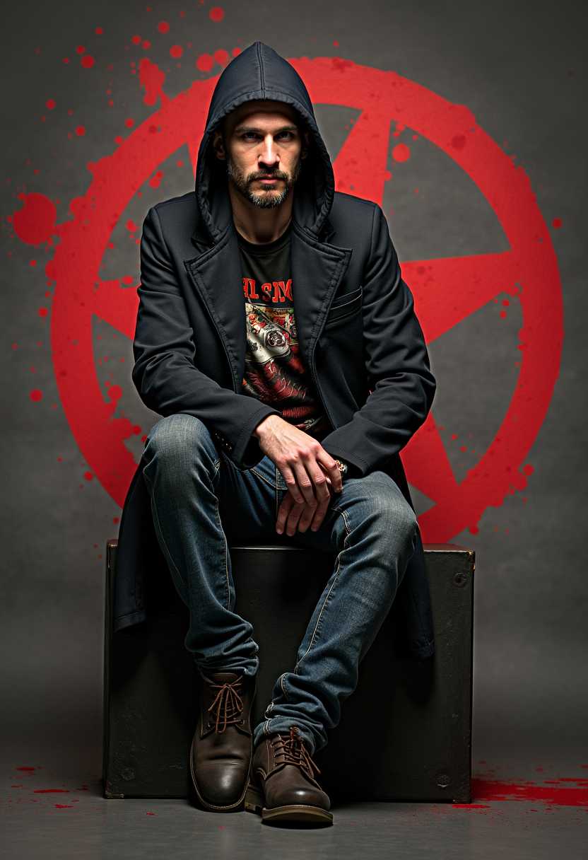 RetroStyled Man with Graphic TShirt and Jeans, Seated on a Box against a Red Star Background