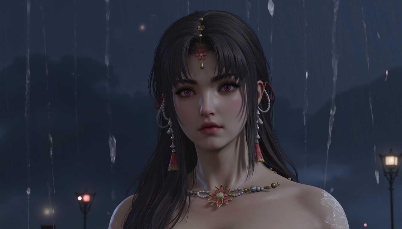 A high-resolution photograph capturing Kurumi standing under a heavy downpour. The scene is set in the late evening, with dim, overcast skies, and an atmosphere dense with the sound and texture of falling rain. Kurumi, positioned at the center of the frame, is depicted with a sad, reflective expression, her face tilted upward as raindrops cascade down her pale skin and wet her hair. Her eyes are slightly closed, and her lips are gently parted, conveying a sense of melancholy. 

The rain creates a gauzy curtain of water, with droplets sharply focused against the blurred, dark background of a desolate city street. The lighting is soft, diffused through the rain, casting a moody blue-gray hue over the scene. Streetlights, slightly out of focus, add a bokeh effect, enhancing the isolation and somber mood.

Photographic techniques such as a shallow depth of field and a fast shutter speed are used to capture the raindrops in mid-air and the subtle details of Kurumi's expression. The image's overall tone is muted, with a focus on blues and grays to match the somber, reflective atmosphere.