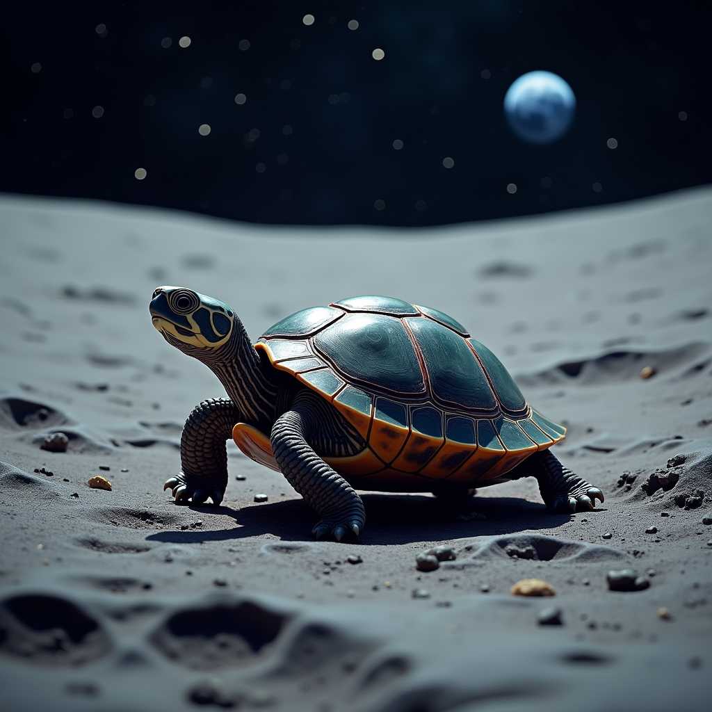A realistic depiction of a turtle on the surface of the moon. The turtle has a beautifully detailed shell with intricate patterns, reflecting the light of the distant Earth. The moon's barren landscape stretches out in all directions, with craters and rocky terrain under a starry sky. The Earth is visible in the background, casting a soft blue glow.
