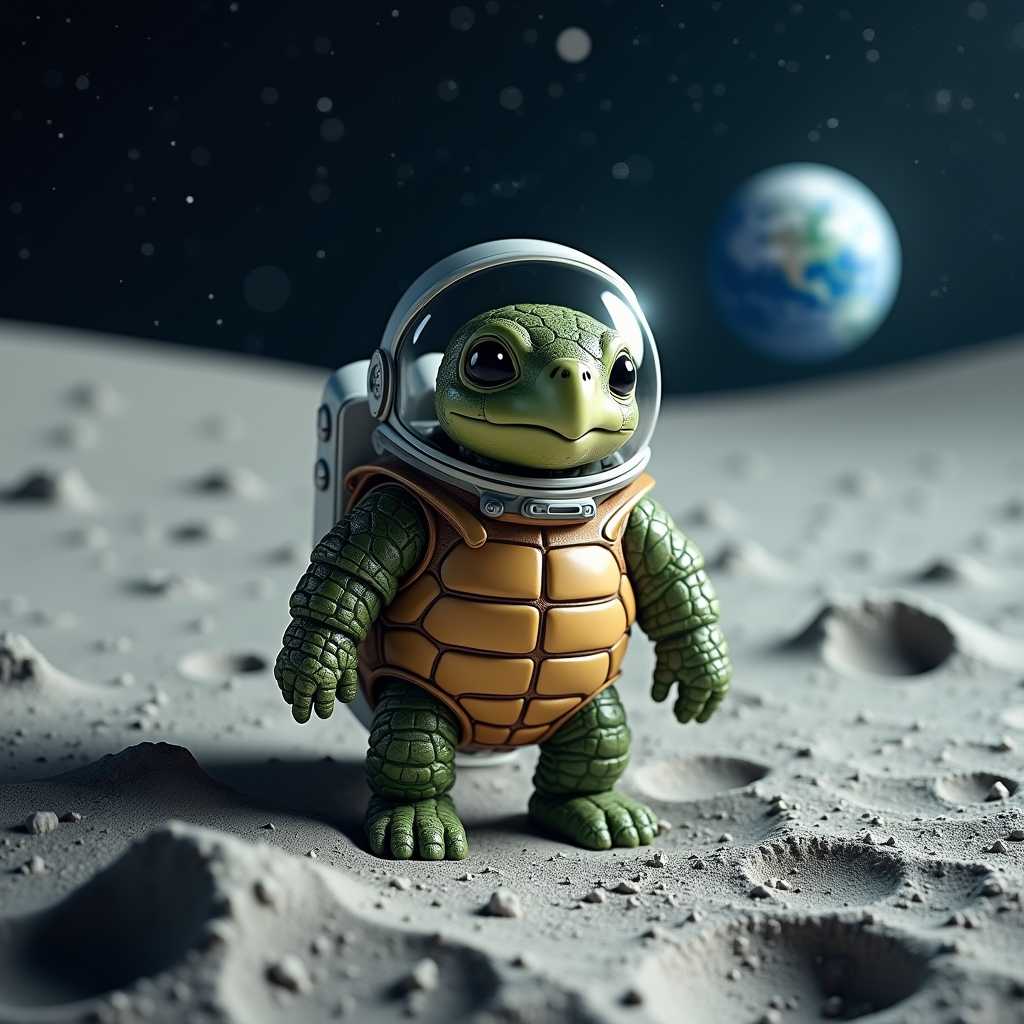 A whimsical scene of a turtle in a spacesuit standing on the moon. The turtle's spacesuit is shiny and reflects starlight. The moon's surface is filled with small craters and dust, with footprints behind the turtle. In the background, the Earth rises above the horizon, surrounded by a field of stars.